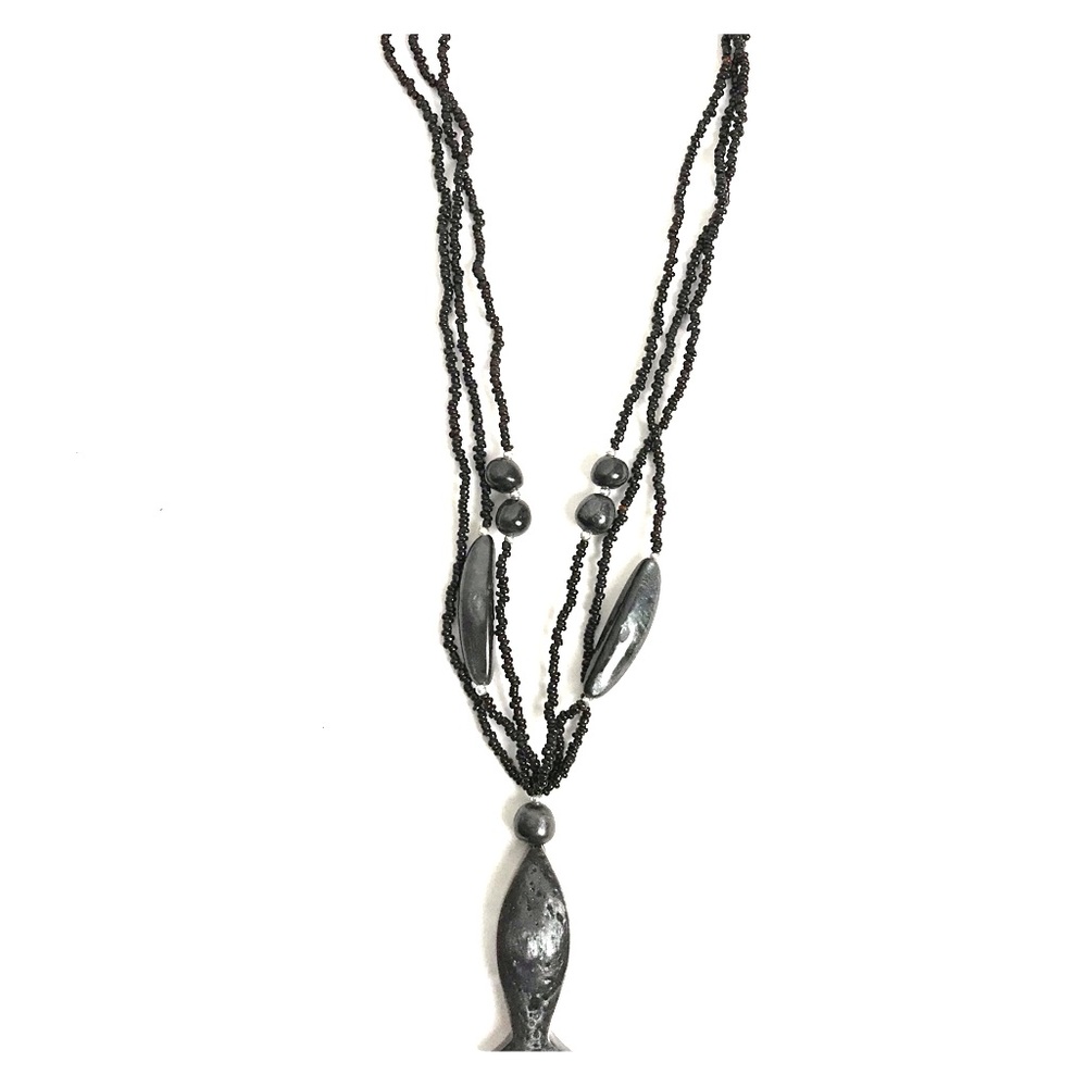 Black bead necklace with black fish pendant